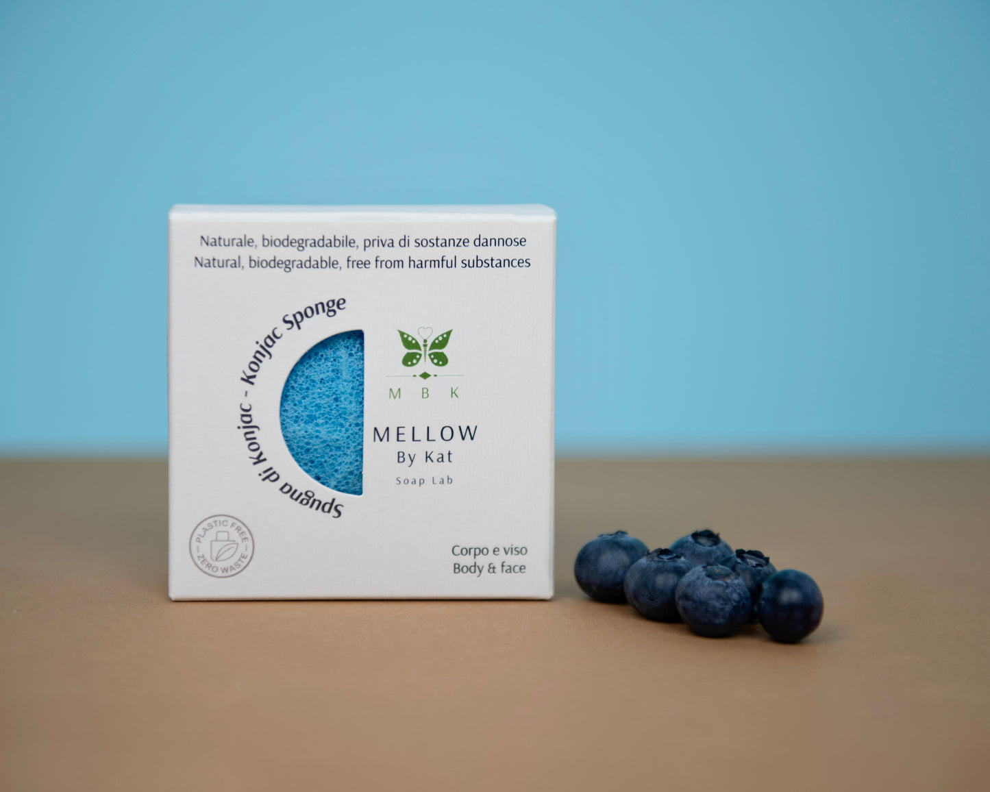 Spugna konjac blu con fibre di mirtillo, anti‑age, per pelle tonico e compatto, vegan, biodegradabile