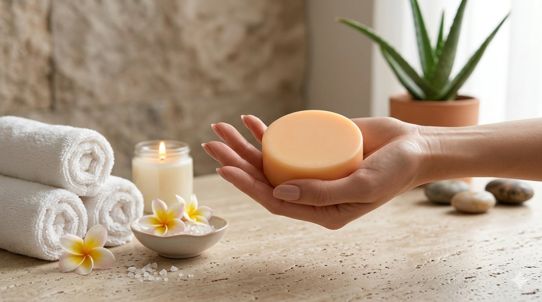 Mano che mostra il balsamo solido illuminante MELLOW BY KAT in un bagno con atmosfera spa